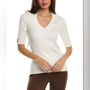 ELIE TAHARI, white ribbed knit collared mid length sleeve shirt!